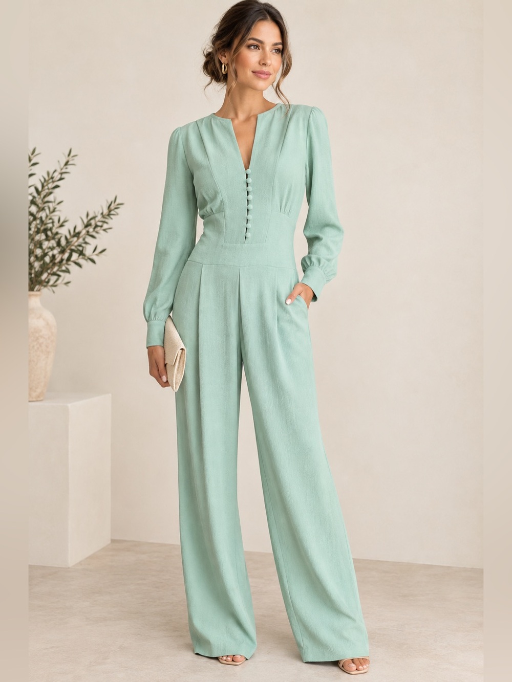 Eva Mendes NY & Company Mint Green Wide Leg Long Sleeve Jumpsuit size 8